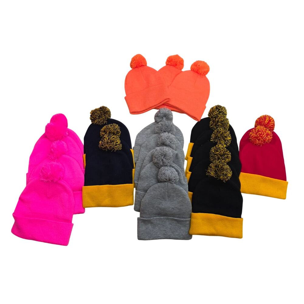 Lot of 22 Knit Pom Beanies Blank Embroidery Ready Winter Hats Assorted Colors